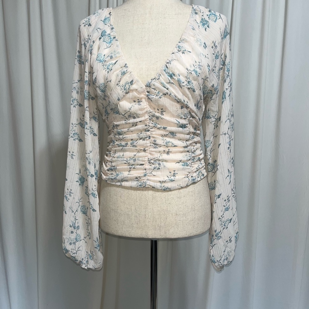 Free People Floral Ruched Cream and Blue Women's Boho‎ Peasant Top Size XS